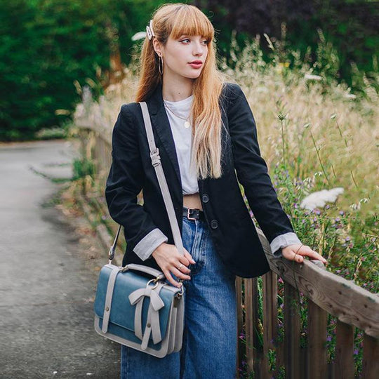 Graceful Bow-Detail Satchel - Timeless Black and Grey